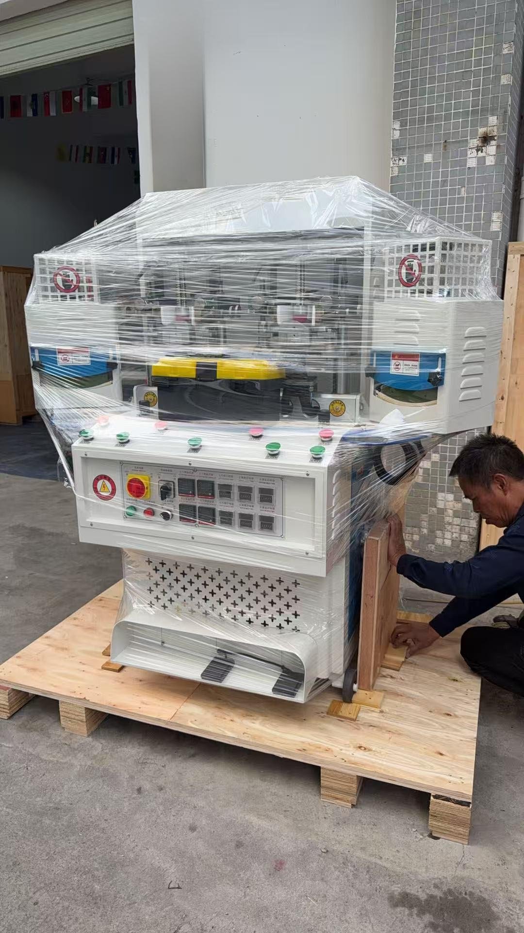 Machine bolted to shipping base